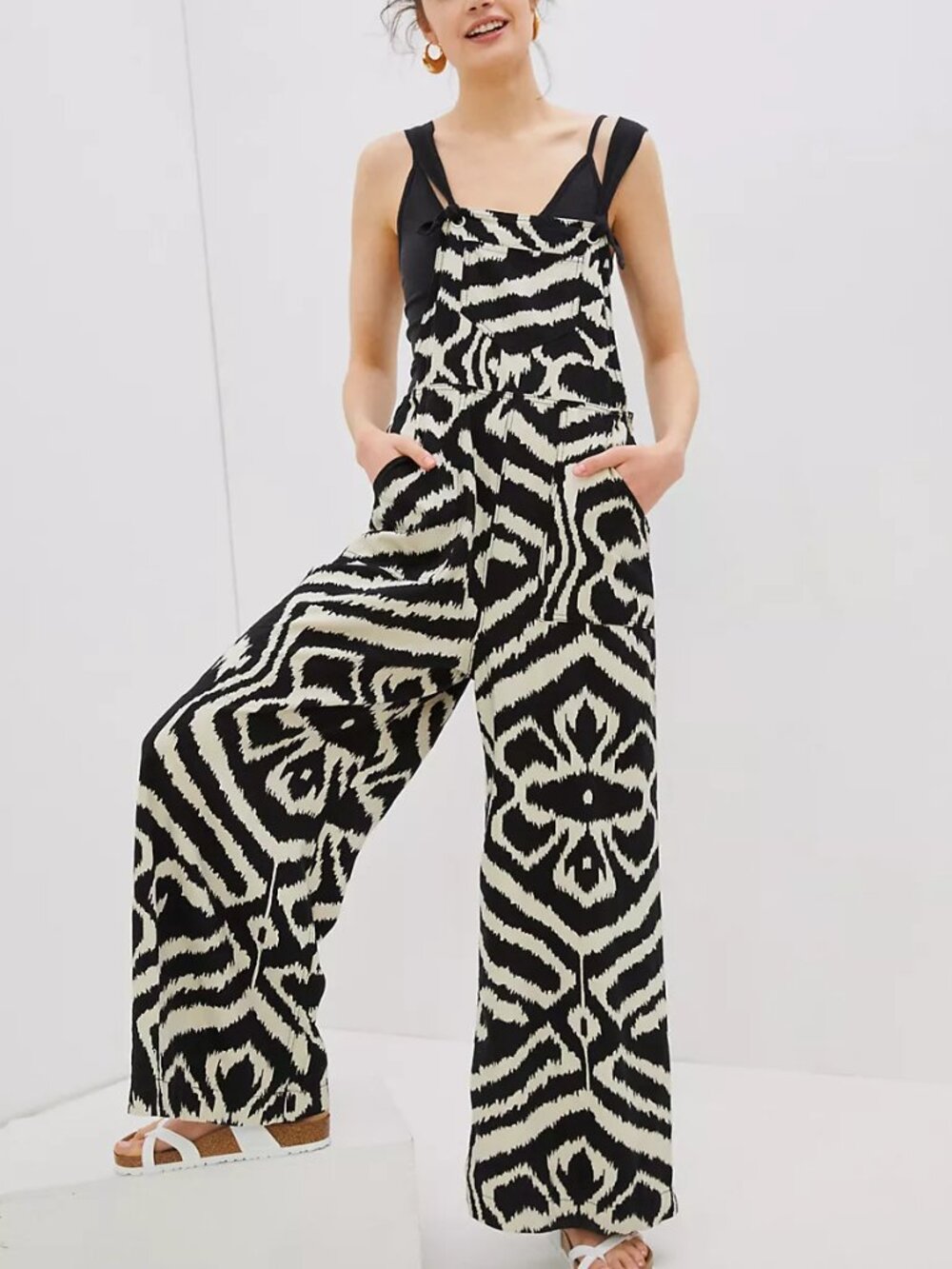 Anthropologie Constance Sz S Wide-Leg Linen Blend Overalls Jumpsuit Black White